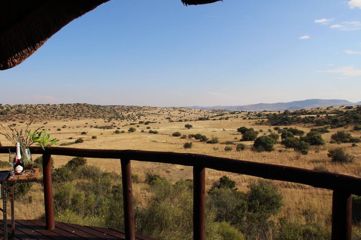 Ein malerischer Ausblick von einer Holzterrasse auf eine Savannenlandschaft mit vereinzelten Bäumen und sanften Hügeln in der Ferne.