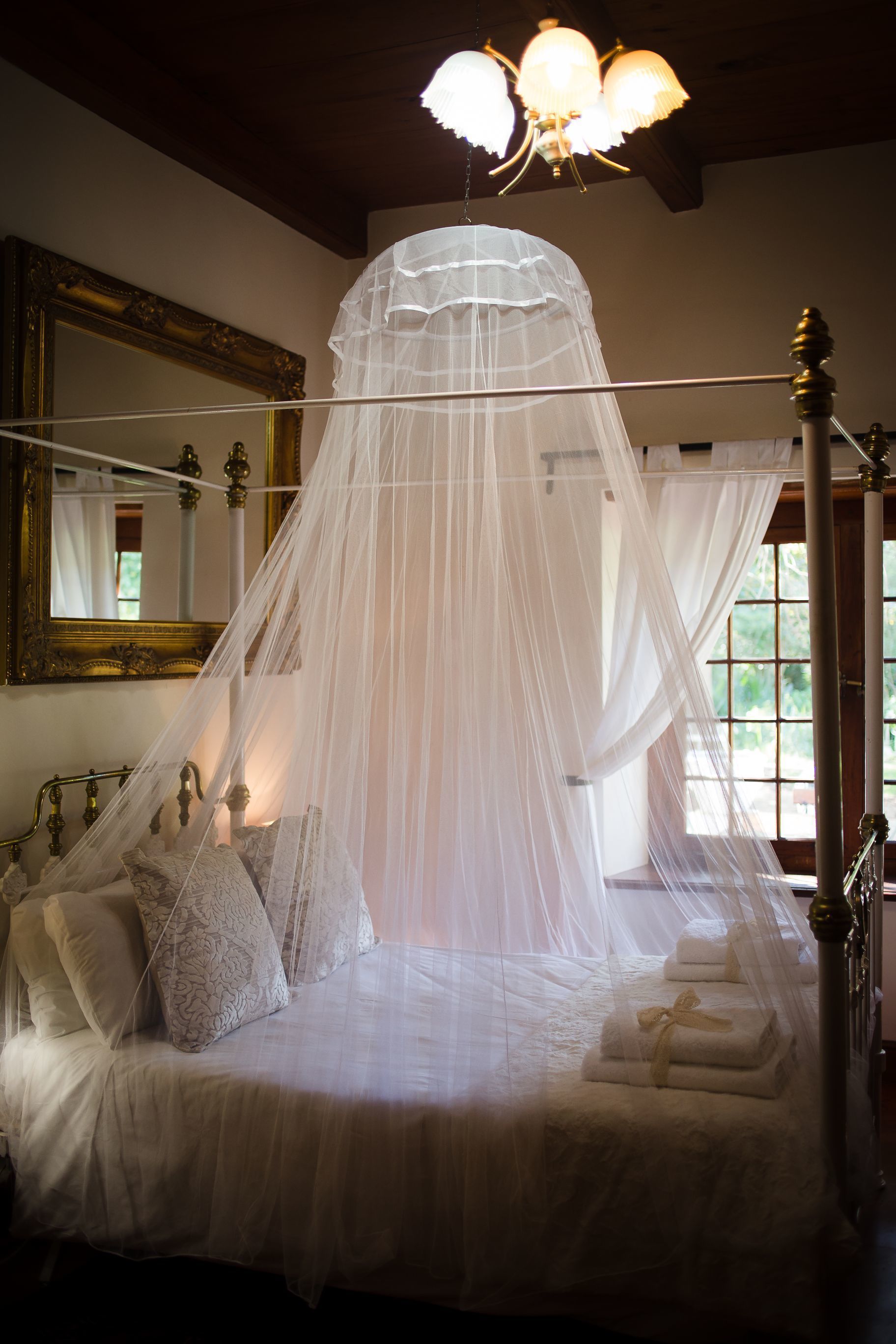 Un lit à baldaquin, un grand miroir et un lustre.