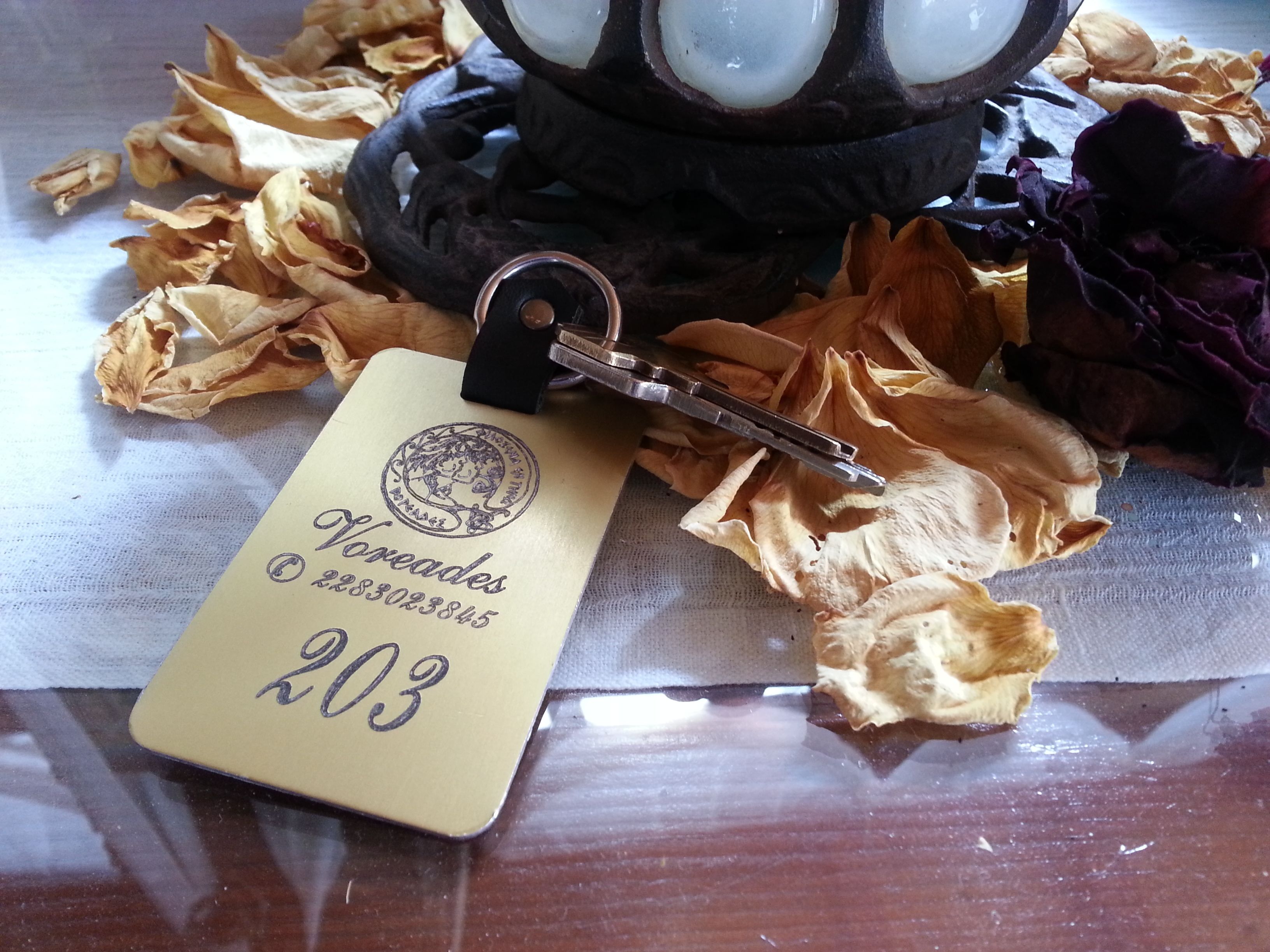 A tag with the number 203 and a keychain.