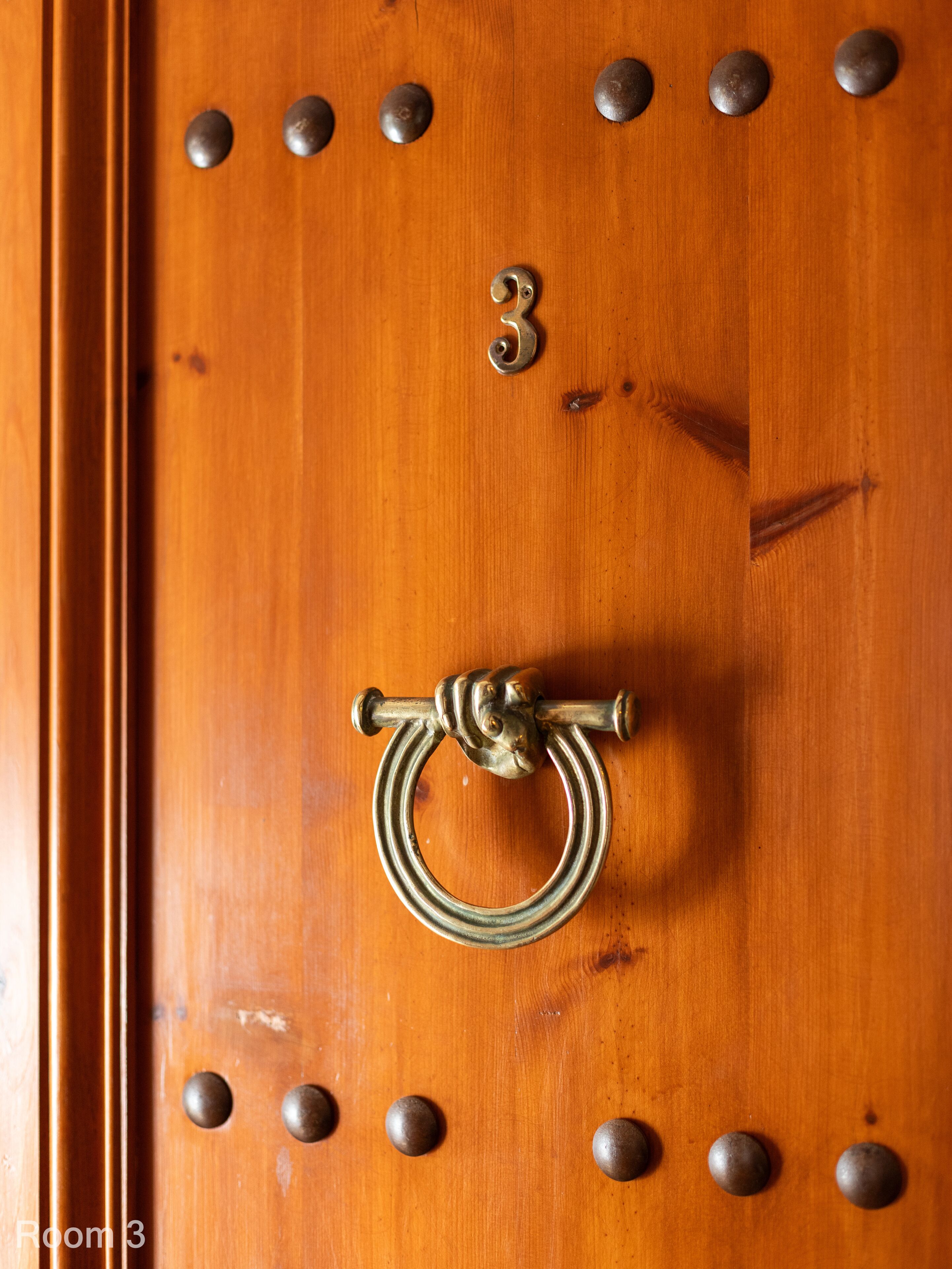 A wooden door with a brass door knocker and a number '3' on it.