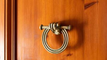 A wooden door with a brass door knocker and a number '3' on it.