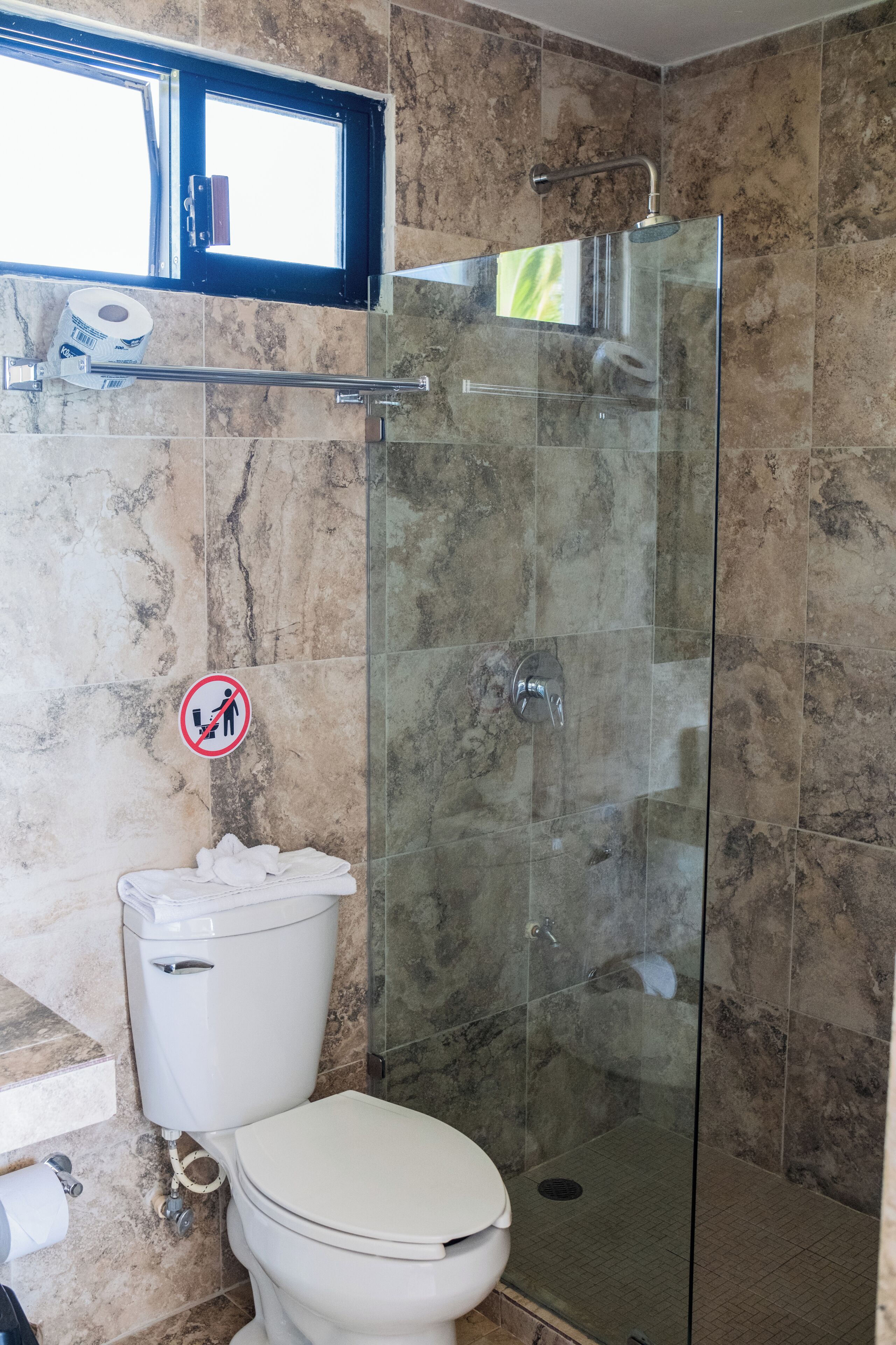 A bathroom with a glass-enclosed shower, a toilet, and a roll of toilet paper on the wall.