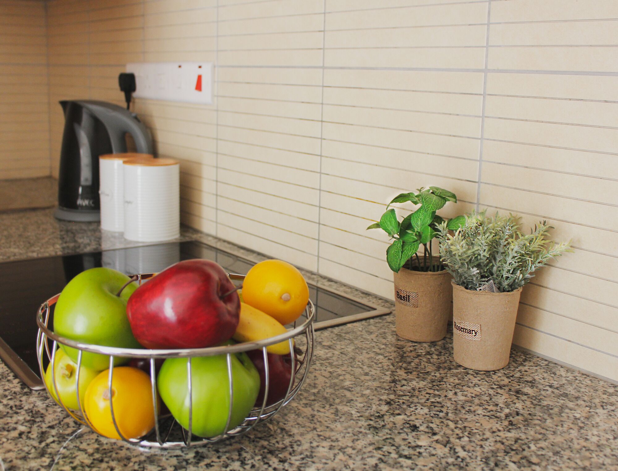 fridge, oven, stovetop, electric kettle