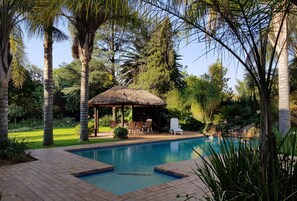 A swimming pool with a thatched-roof gazebo, surrounded by palm trees and greenery.