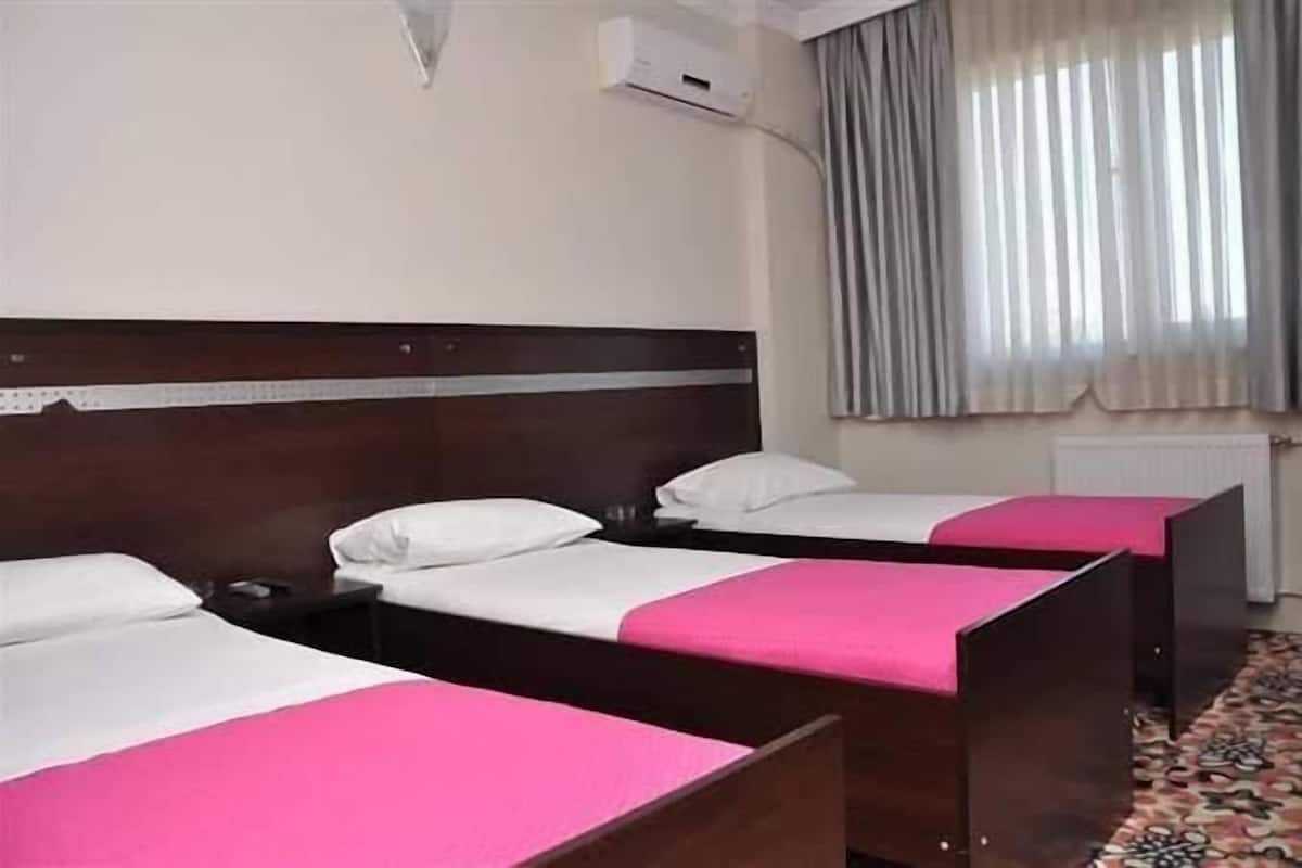 Een hotelkamer met twee eenpersoonsbedden, elk voorzien van een houten hoofdbord en een roze sprei. Er is een raam met gordijnen, een airconditioning op de muur en een radiator in de buurt van het raam.