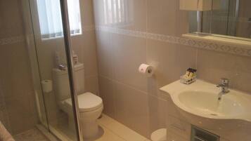 Ein Badezimmer mit Toilette, einer Duschkabine aus Glas, einem Waschbecken mit Toilettenartikeln und einem Spiegel darüber.