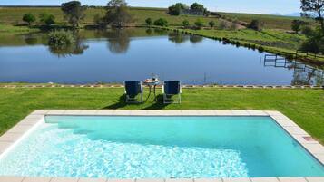 Una piscina rectangular con agua cristalina, rodeada por un césped bien cuidado.