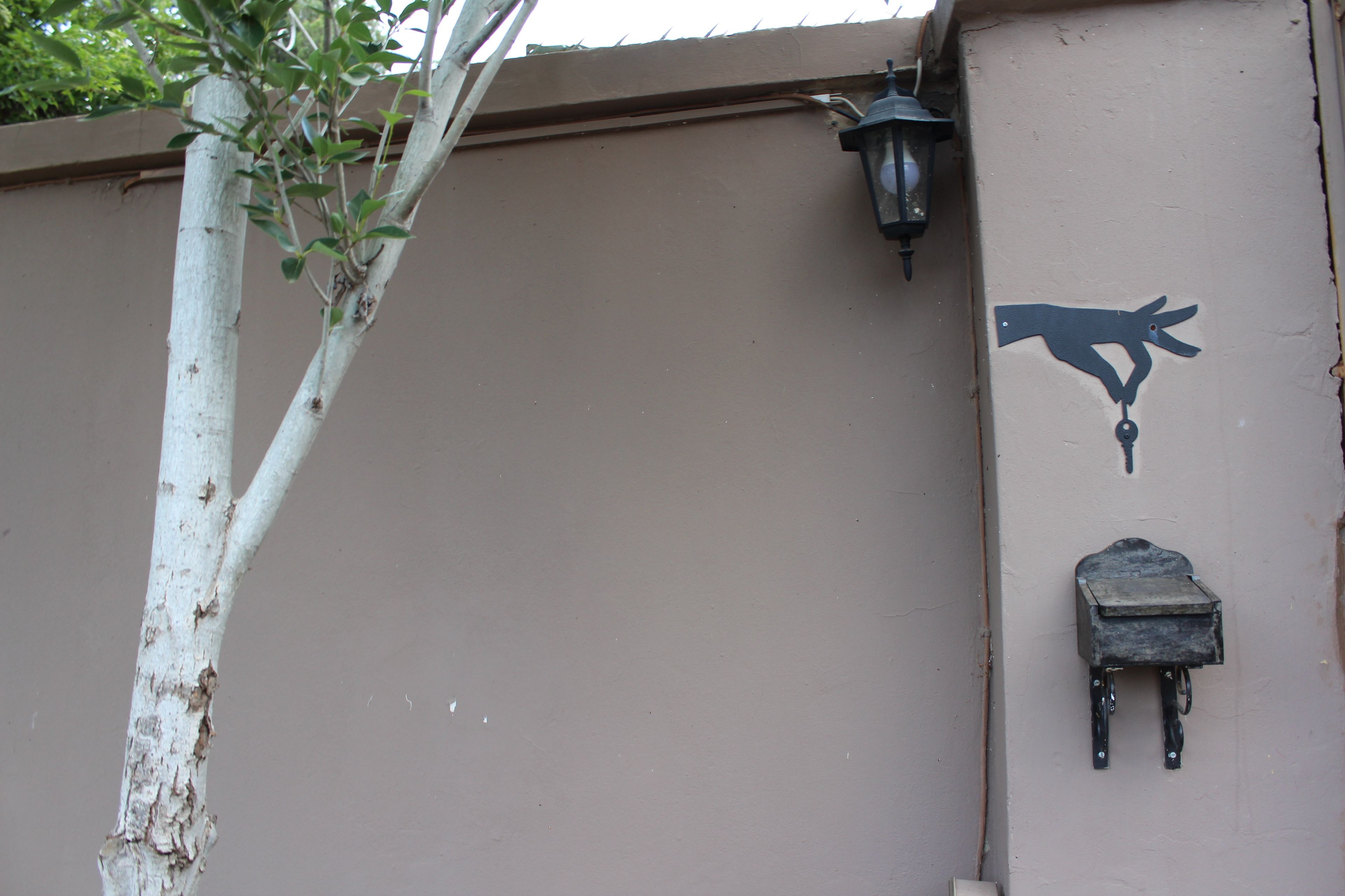 A wall with a silhouette of a kangaroo, a wall-mounted lantern, and a small box.