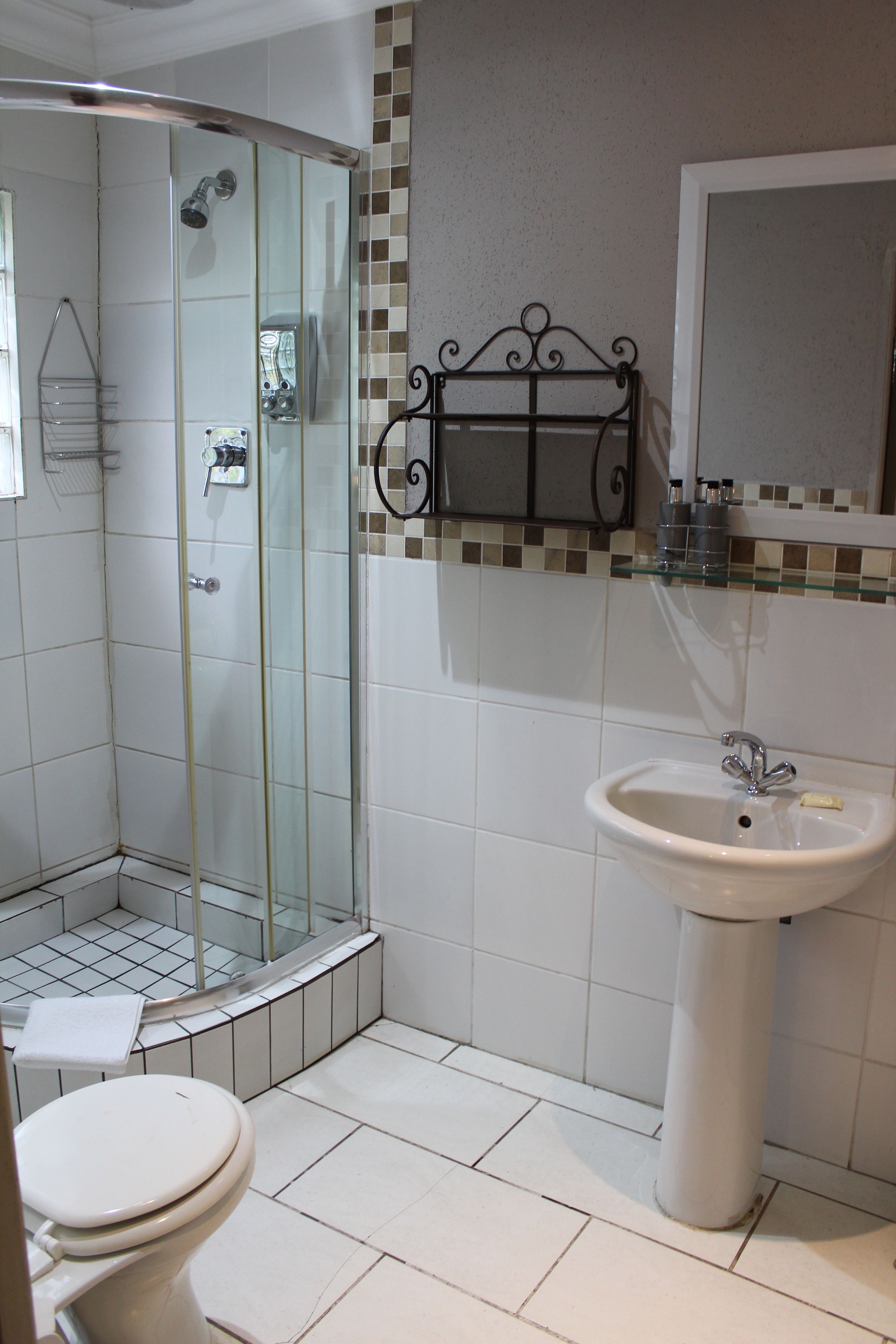 A bathroom with a glass-enclosed shower, a pedestal sink, and a toilet.