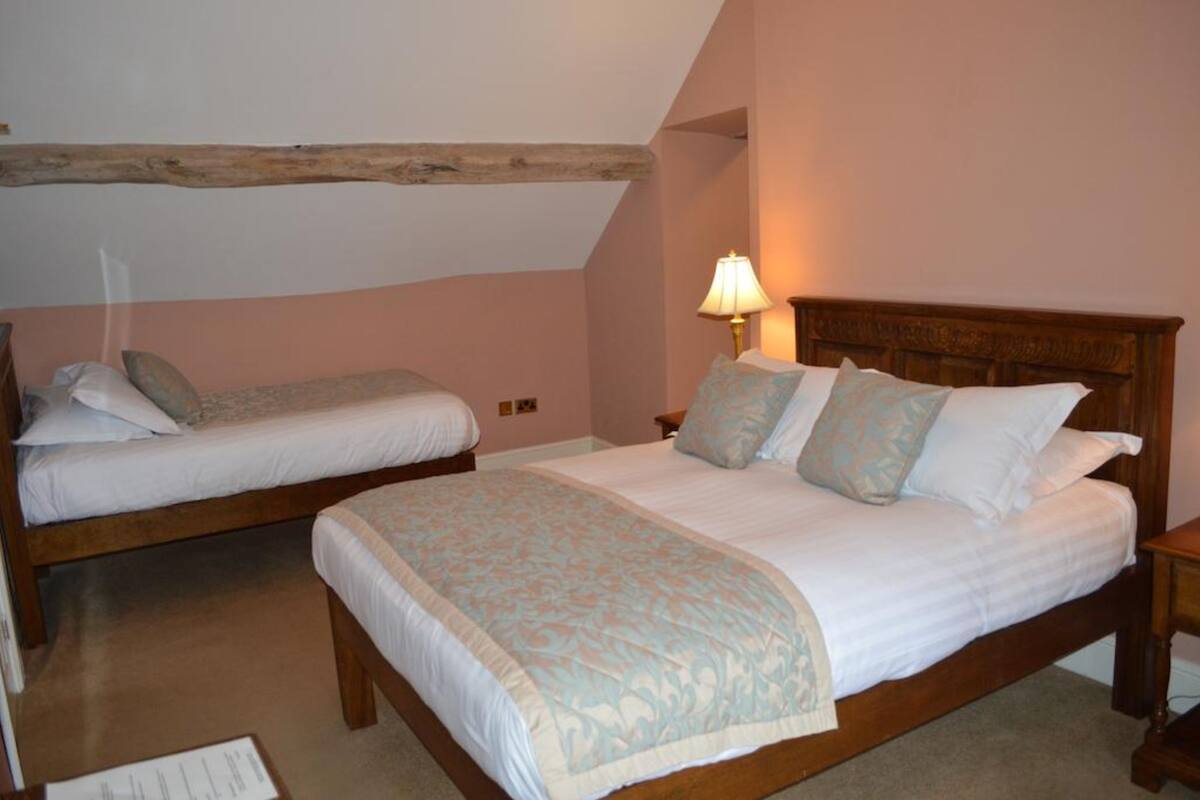 Une chambre avec deux lits, une tête de lit en bois, une lampe de chevet et un plaid décoratif.