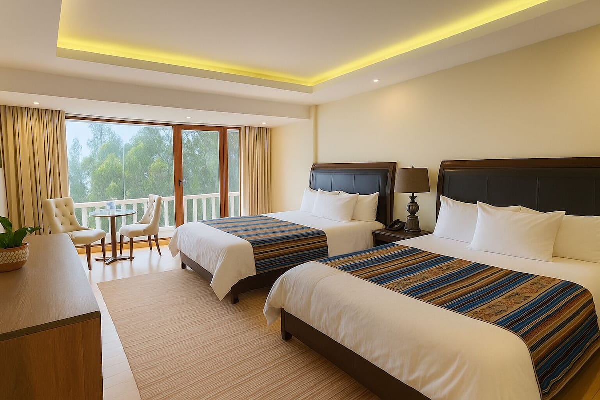 A hotel room with two beds, a desk, a chair, a small table, and a balcony with curtains.