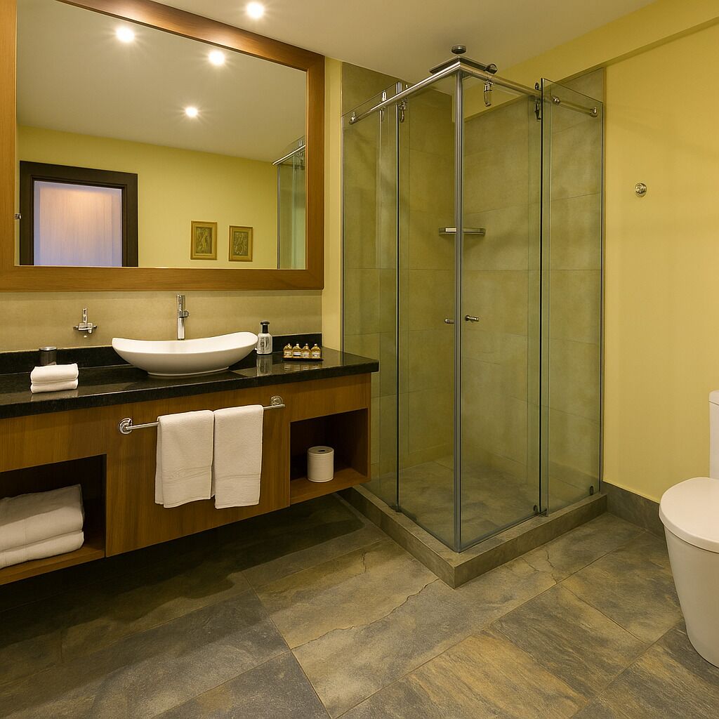 A bathroom with a glass-enclosed shower, a sink with a mirror above it, and a toilet.