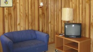 A room with wooden panel walls, a blue sofa, a television on a wooden stand, and a small lamp. - Joyce's Motel & Cottages (St. Peters)