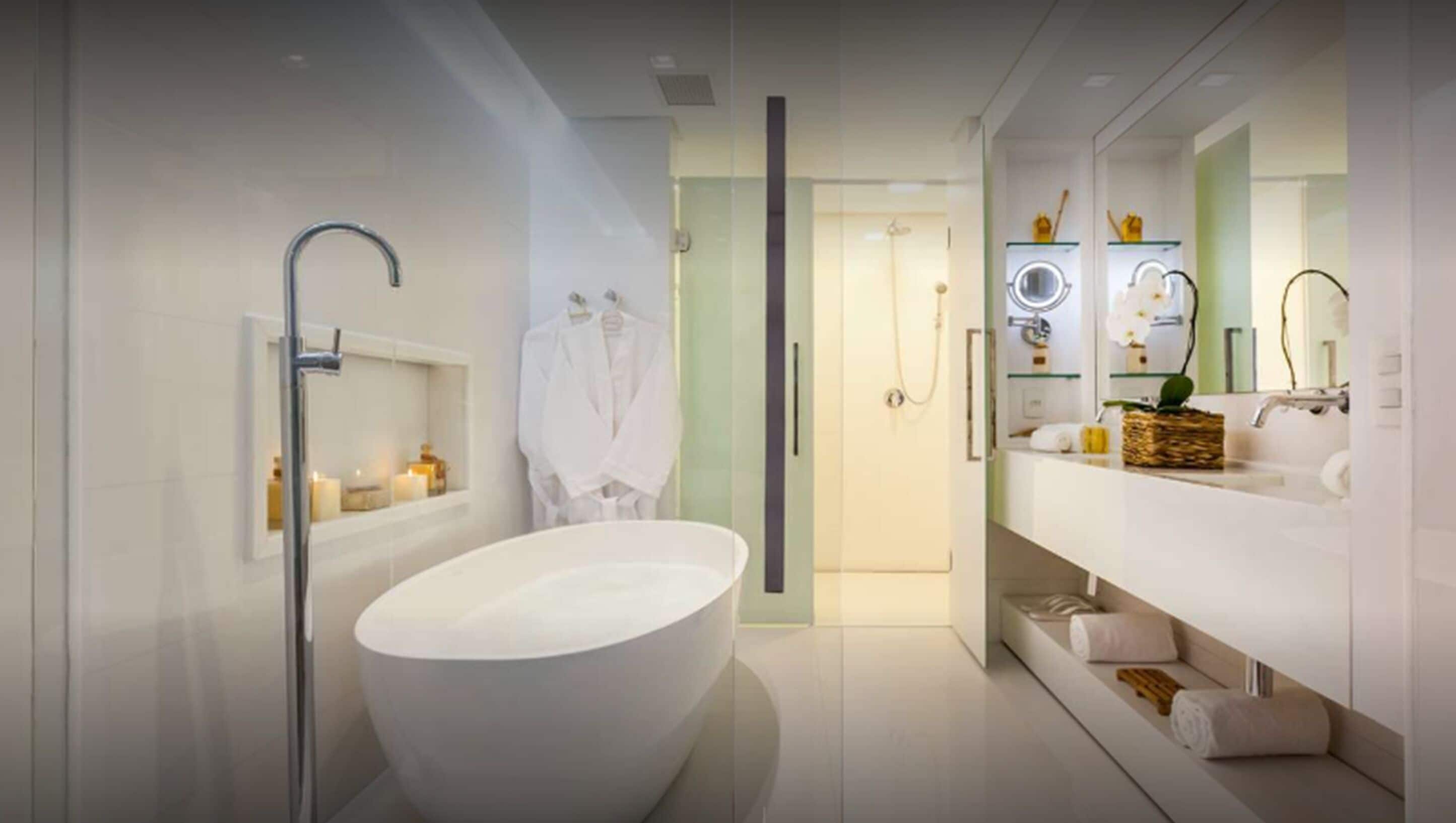 designer toiletries, hair dryer, bathrobes, towels