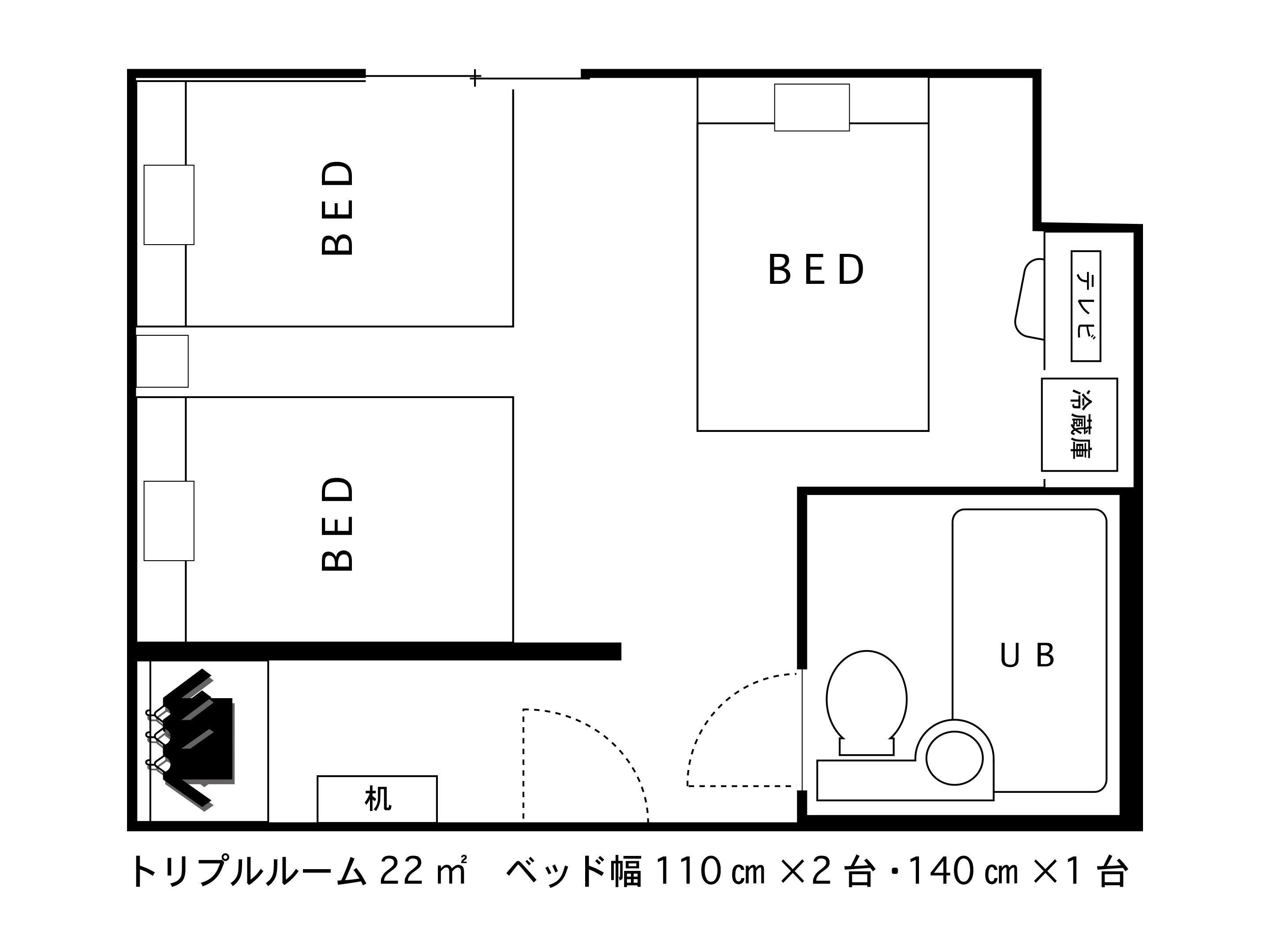 A hotel room layout with two beds, a bathroom, a U-shaped desk, and a small kitchenette.