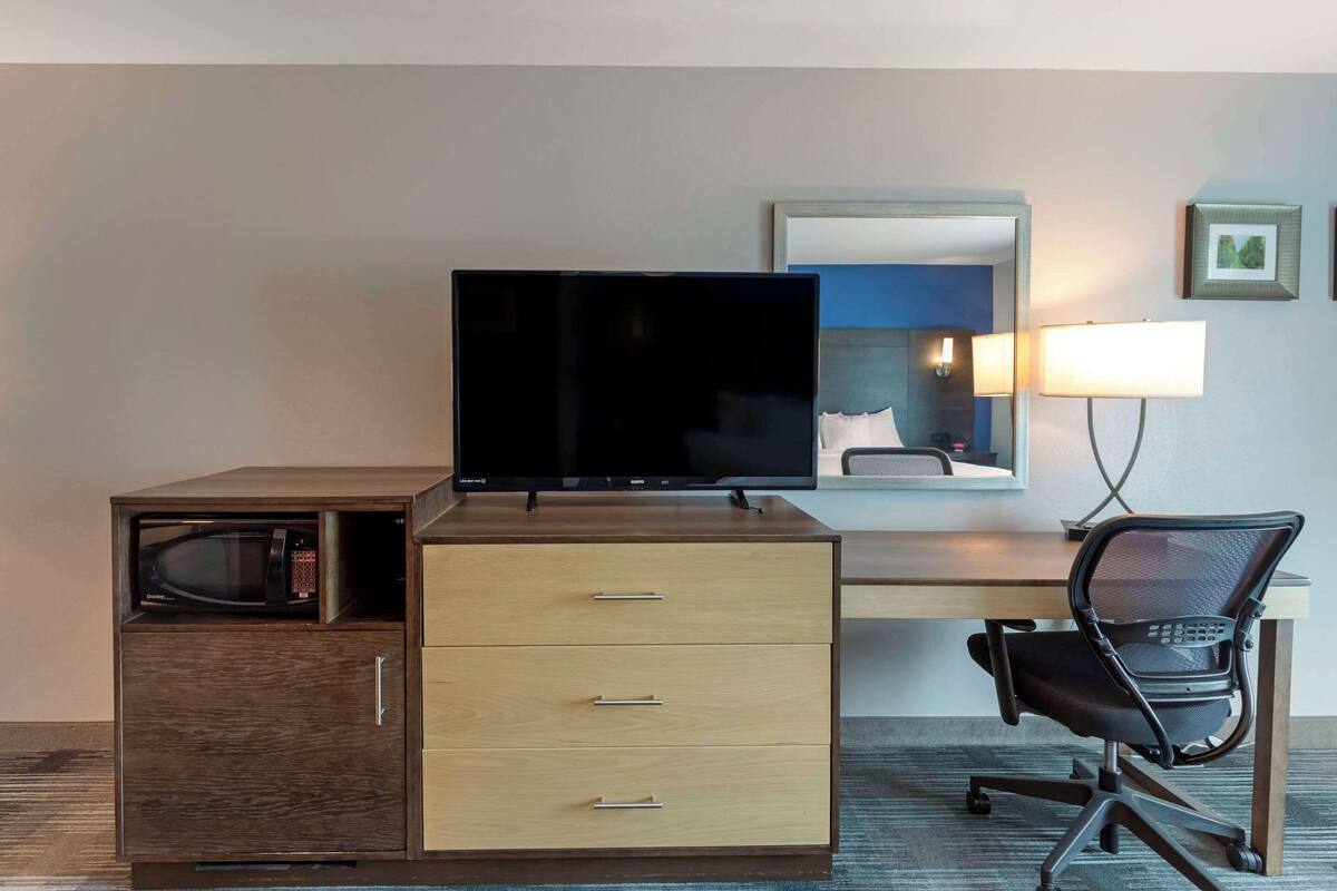 Habitación de hotel con escritorio, televisor, silla, microondas, lámpara y espejo.