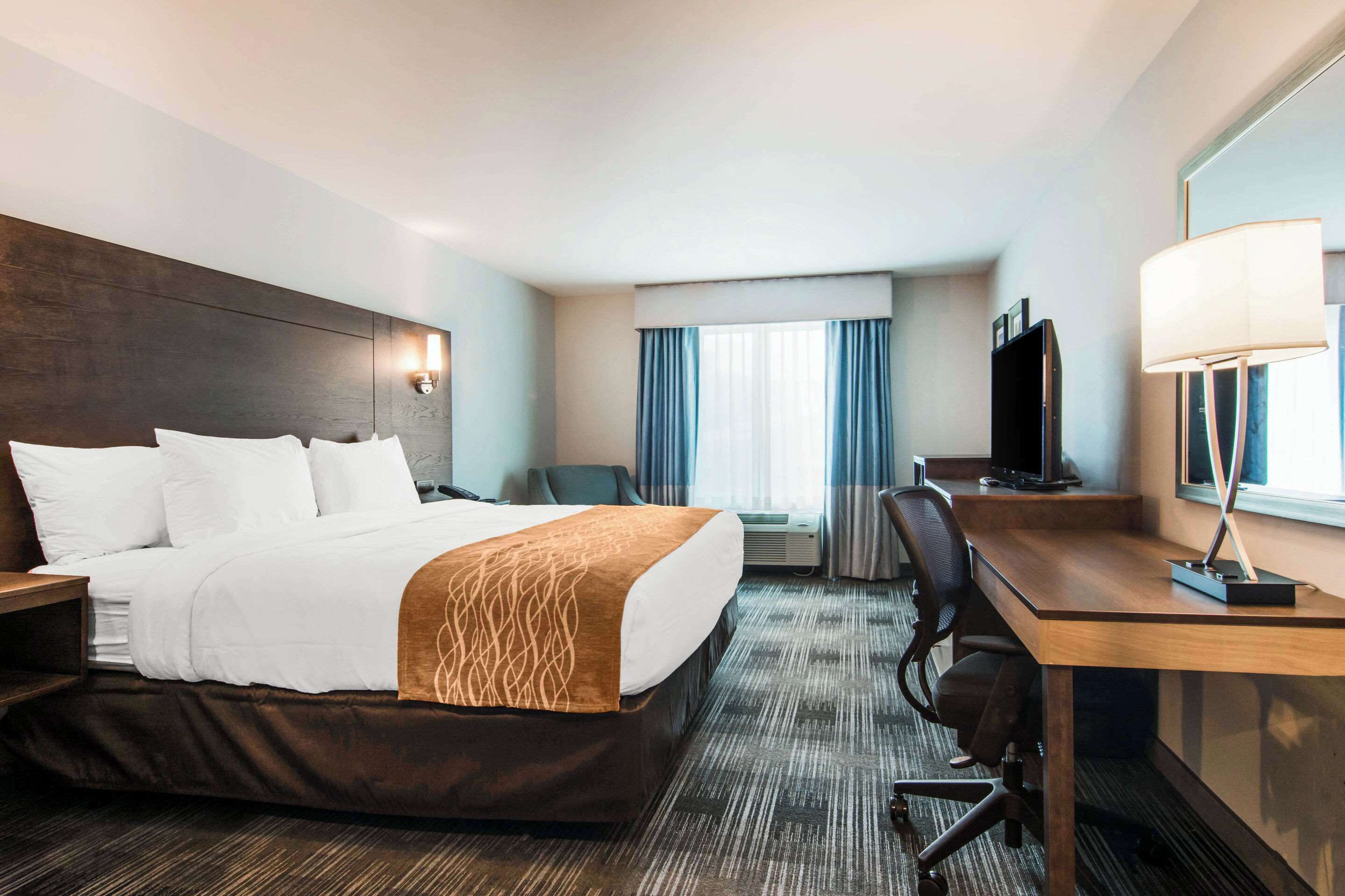A hotel room with a large bed, a desk with a lamp, a chair, a TV, and a window with curtains.