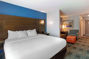 A hotel room with a large bed, a nightstand with a lamp, a chair, and a small table.