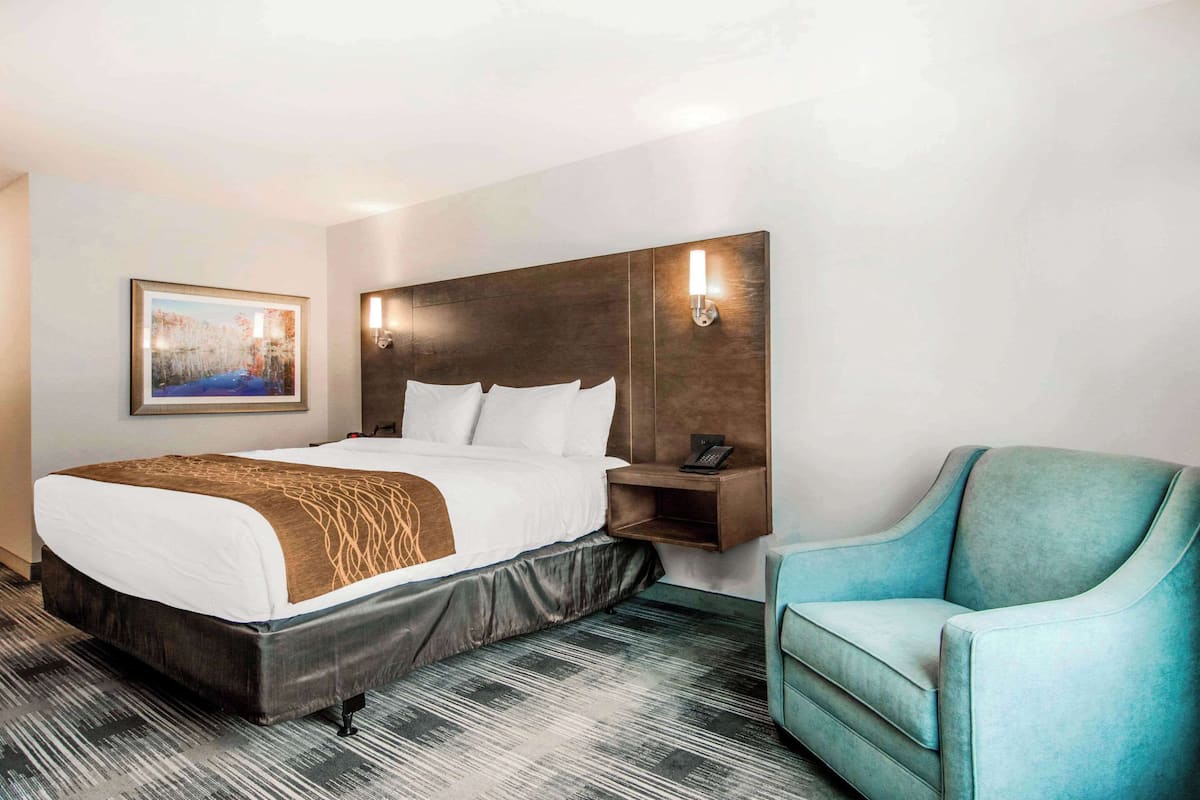 Habitación de hotel con una cama grande, una mesita de noche con teléfono, una silla y un cuadro enmarcado en la pared.