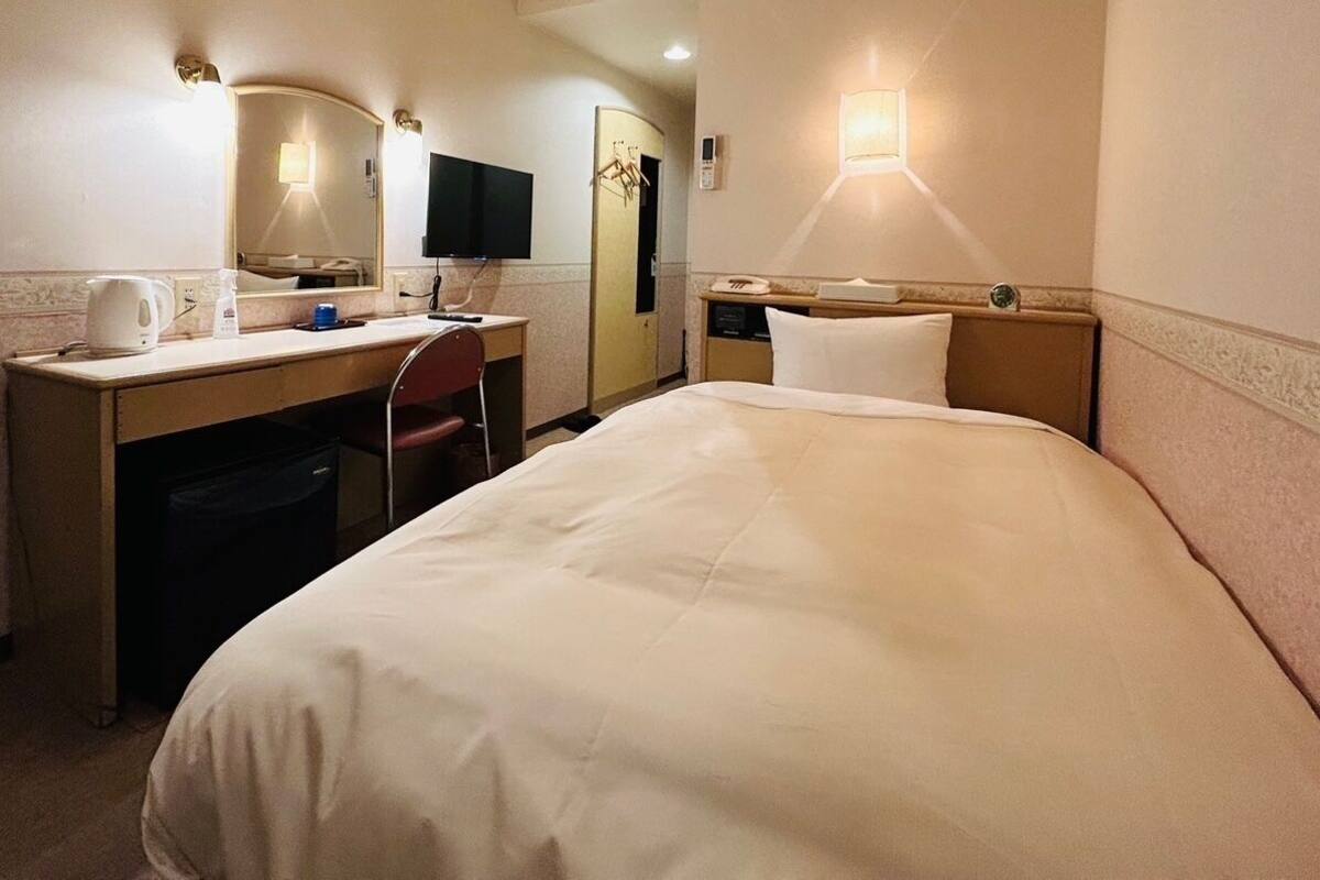 Een hotelkamer met een bed, een bureau met stoel, een televisie en een spiegel.