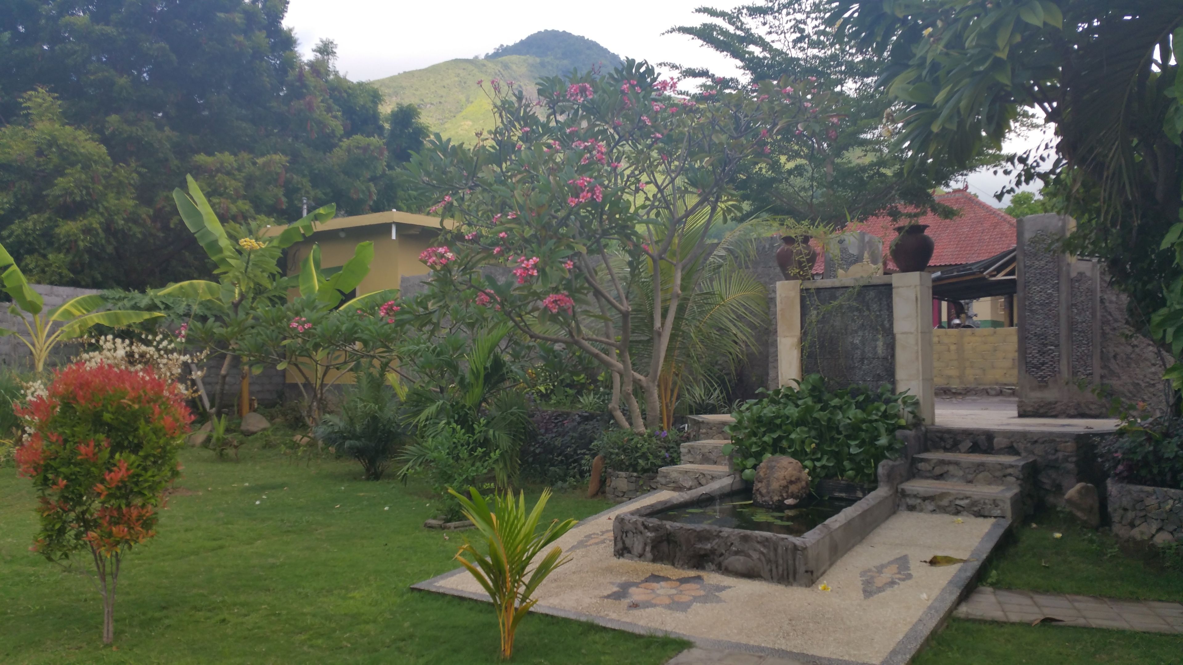 Un jardín con un estanque, escalones de piedra y un edificio de techo rojo.