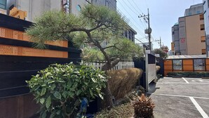 Une rue étroite en milieu urbain, avec un véhicule garé, un arbre et un bâtiment entouré d’une clôture en métal.