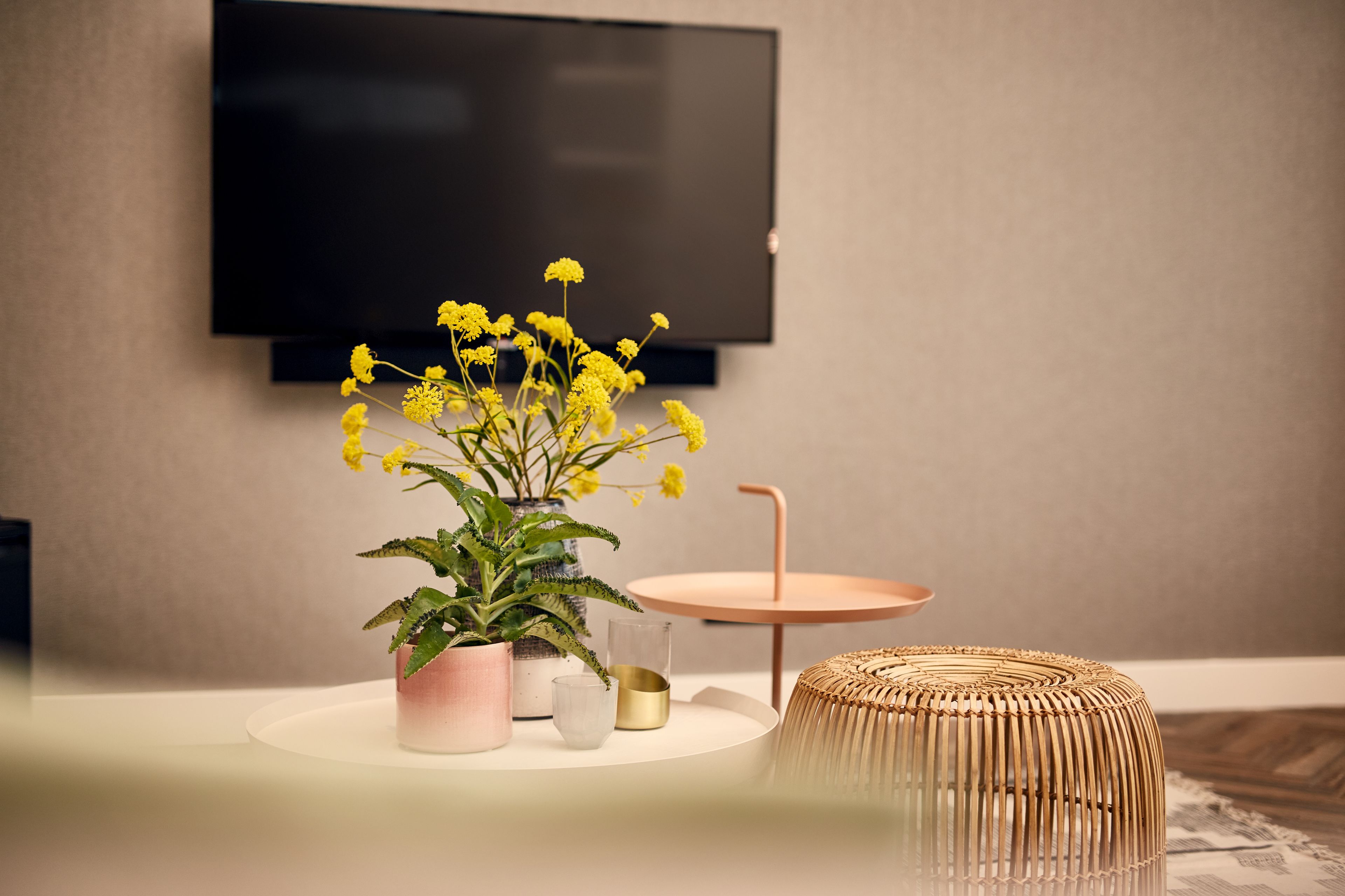A modern living room with a flat-screen TV mounted on the wall, a round coffee table with a woven stool, and a potted plant with yellow flowers.