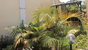 Ein Garten mit verschiedenen Pflanzen und einem kugelförmigen Glasobjekt auf einem Pfosten.