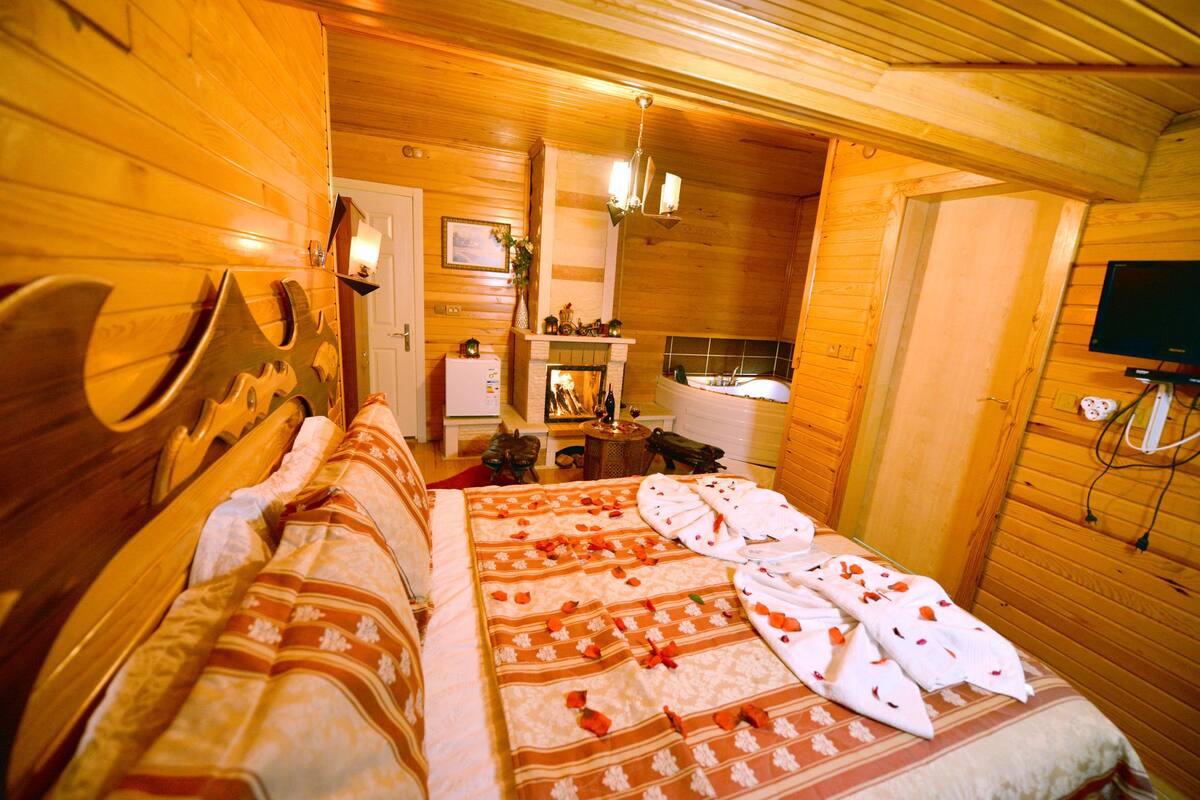 Un dormitorio de cabaña de madera con una cama, una chimenea, un televisor y una mesita de noche con una lámpara.