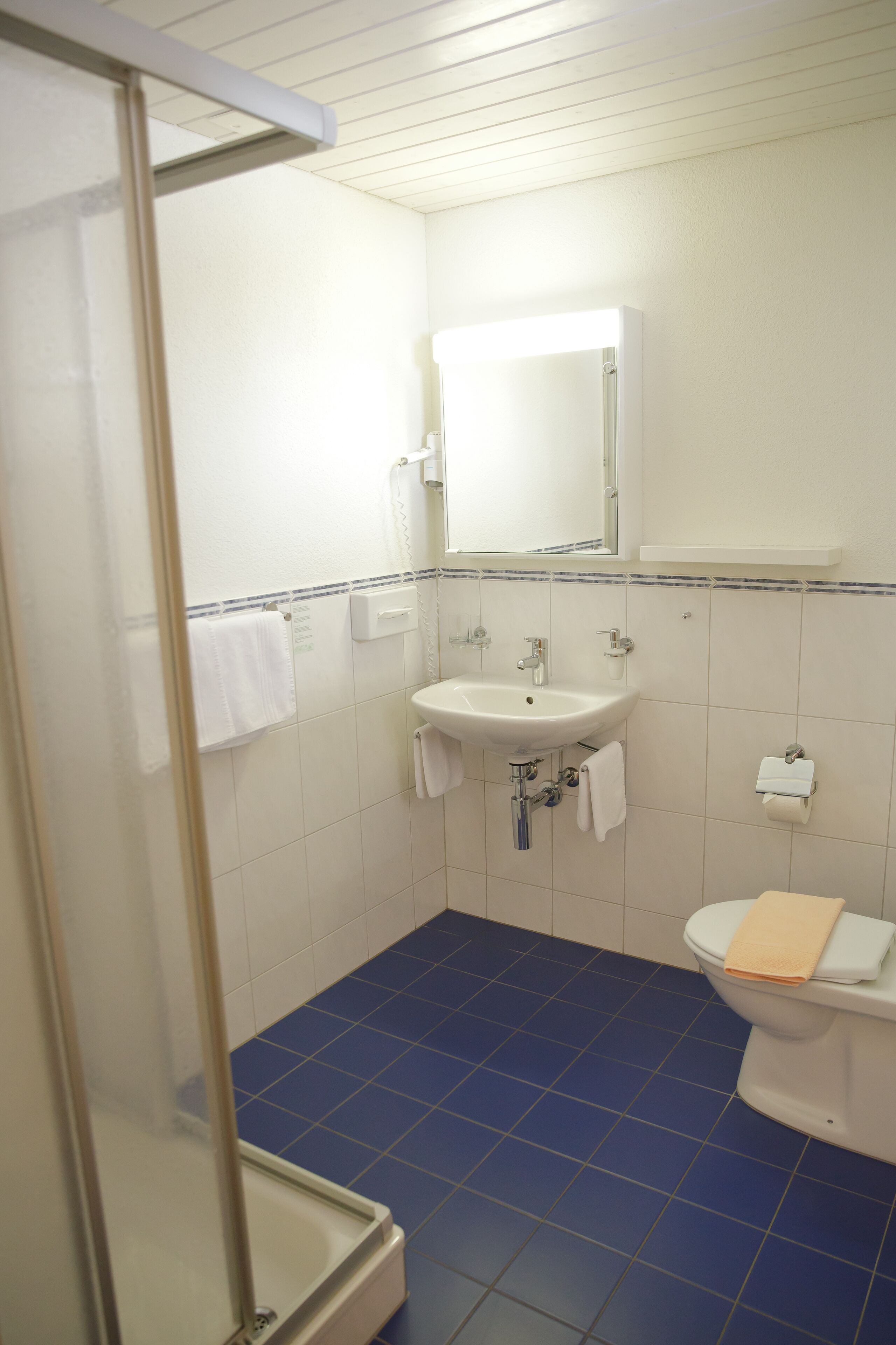 A bathroom with a shower, sink, and toilet.
