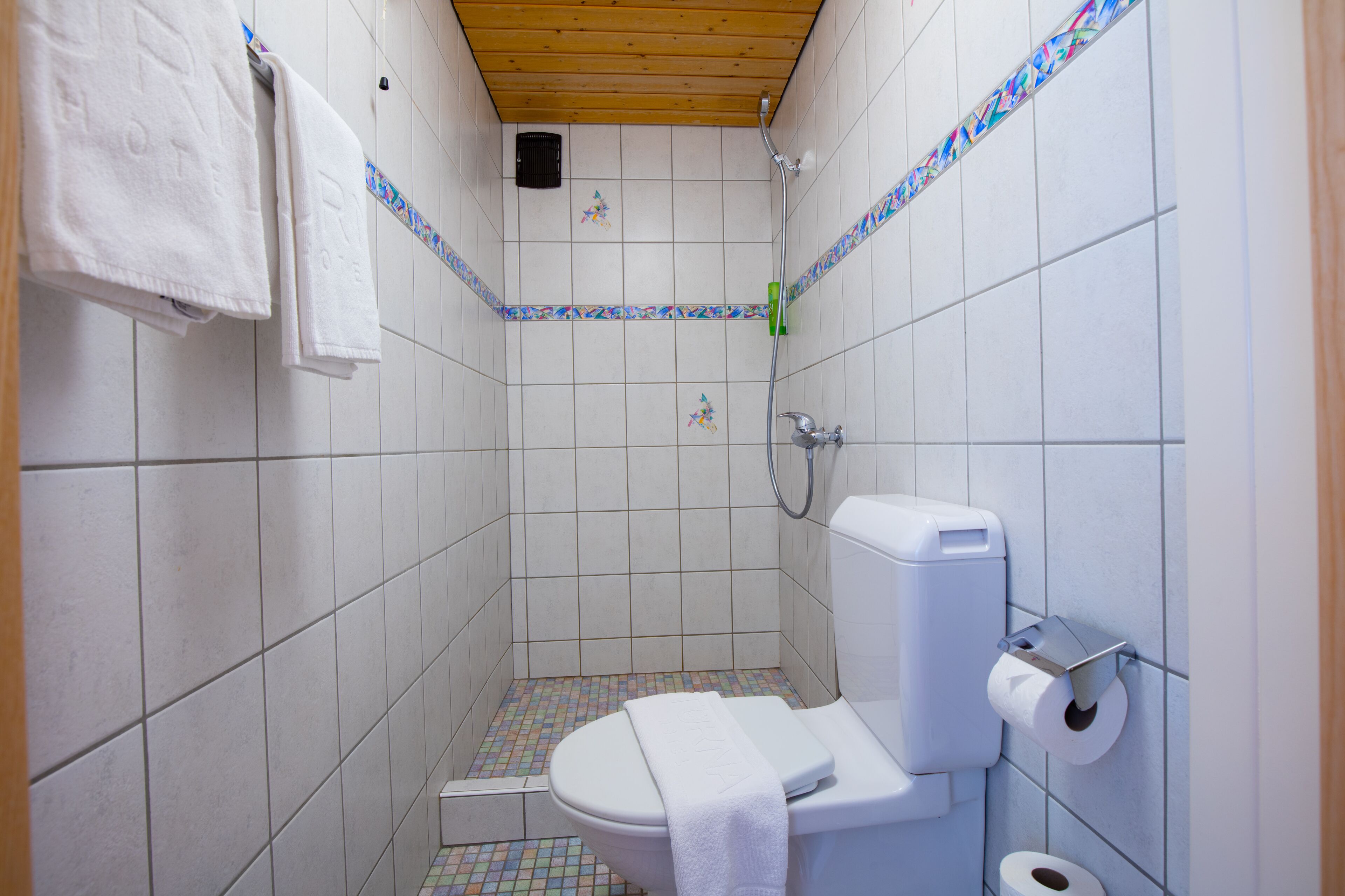 A small, tiled bathroom with a toilet, a shower, and a towel rack.