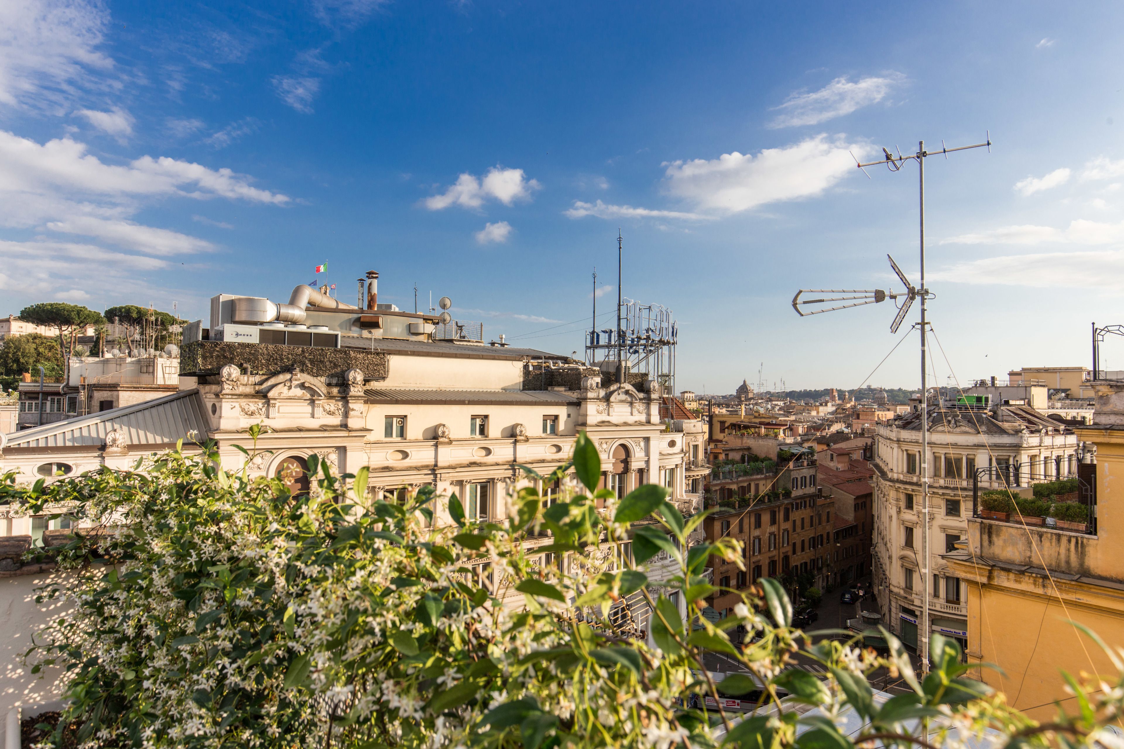 A cityscape with historic buildings, a prominent antenna, and lush greenery in the foreground.