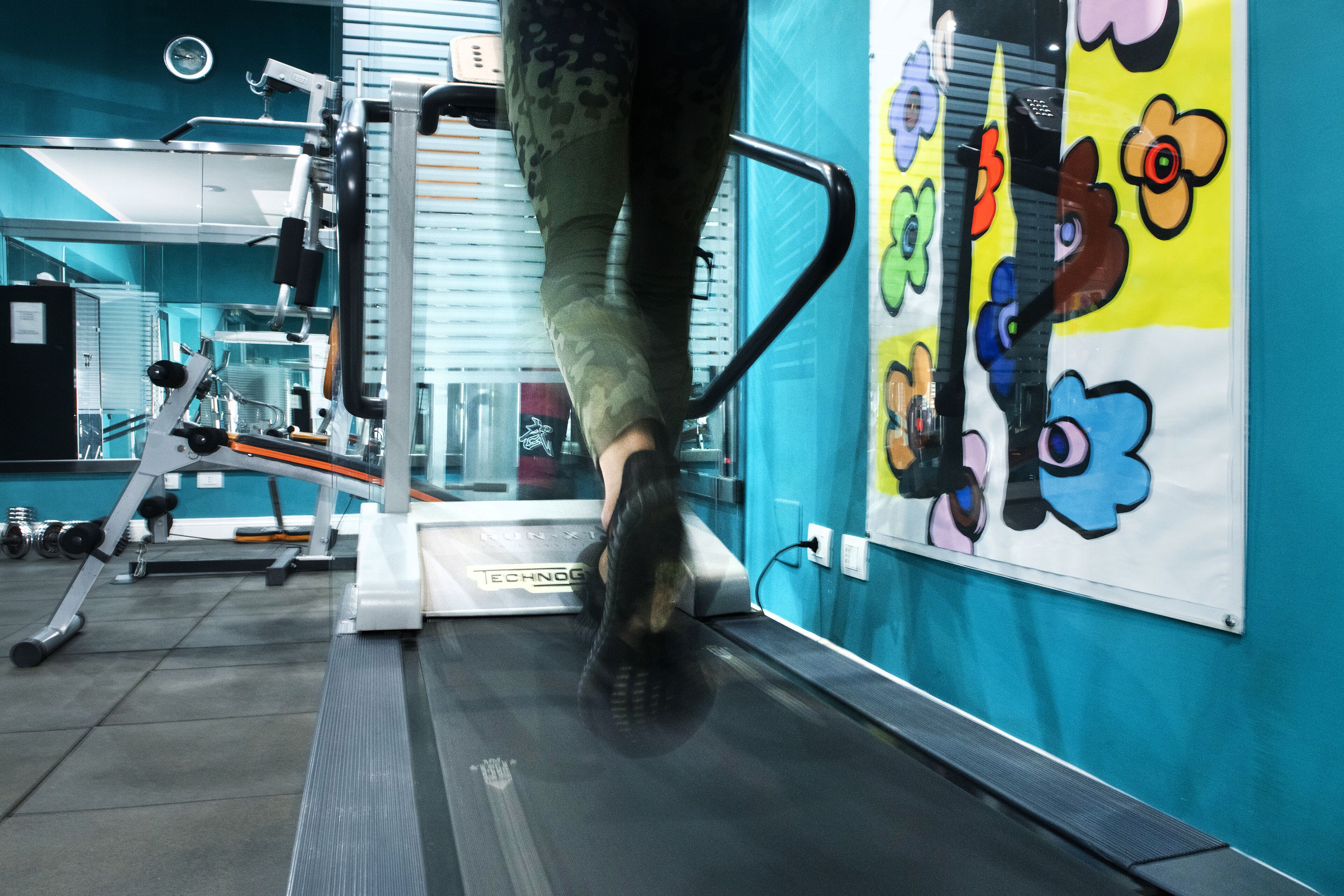 A treadmill in a gym with a blue wall and colorful flower artwork.