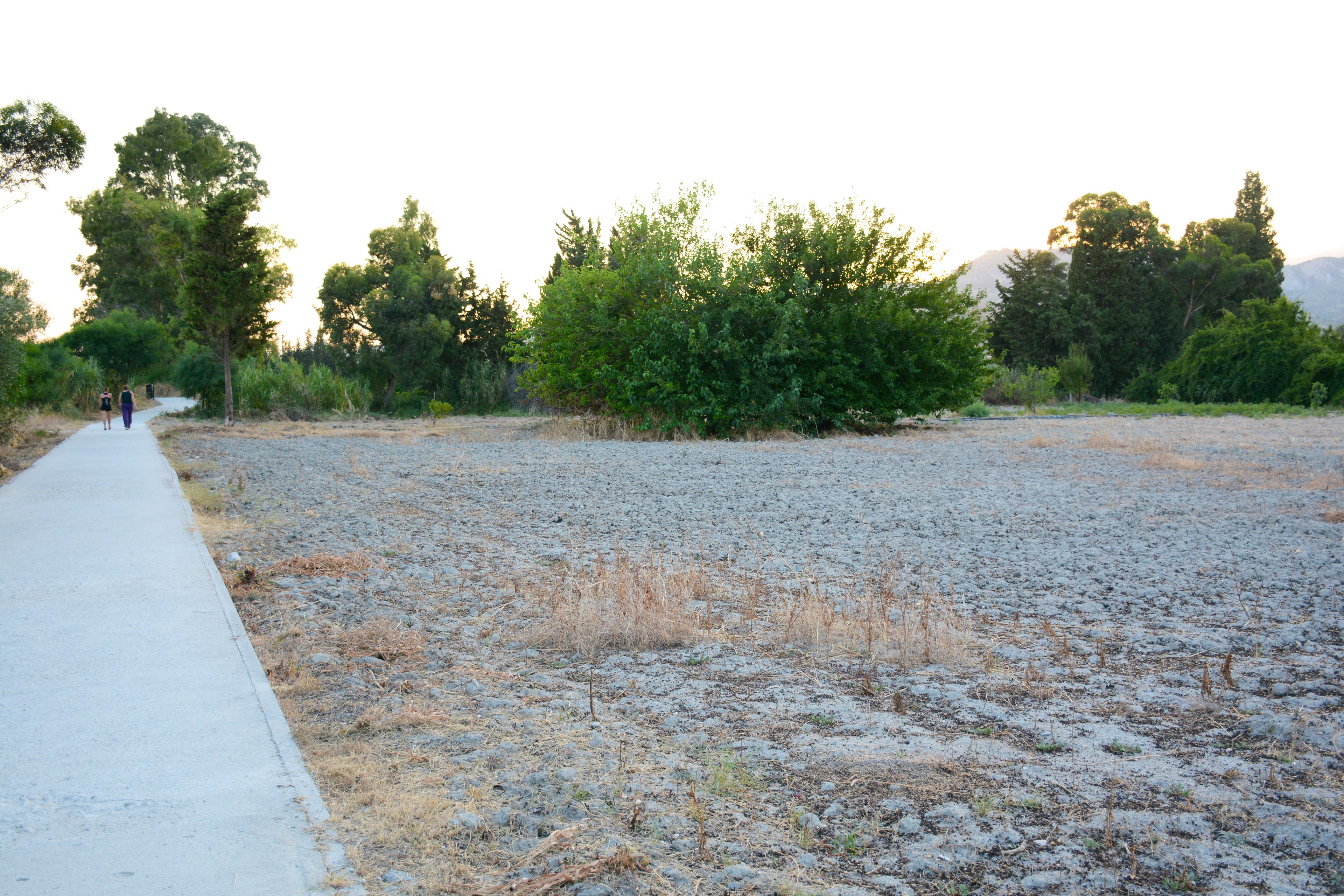 A paved walkway alongside a dry, rocky field with dense greenery and trees in the background.
