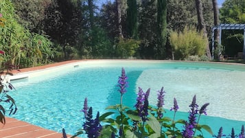 Piscina stagionale all'aperto, ombrelloni da piscina, lettini