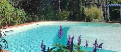 Piscina stagionale all'aperto, ombrelloni da piscina, lettini