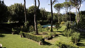 Un jardín bien cuidado con piscina, rodeado de árboles y arbustos diversos.