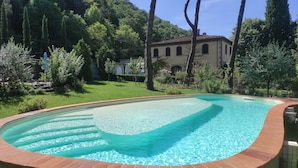 A swimming pool with a curved edge, surrounded by a brick deck. In the background, there is a building with a tiled roof and a garden with various trees and shrubs.