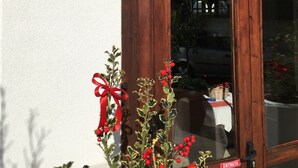 A wooden door with a glass panel, a signboard with hotel name and contact, and a potted plant with red berries. - Hotel Il Pirata (Cinisi)