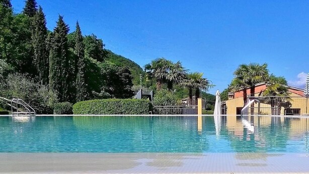 Una piscina con sillas de descanso y palmeras.