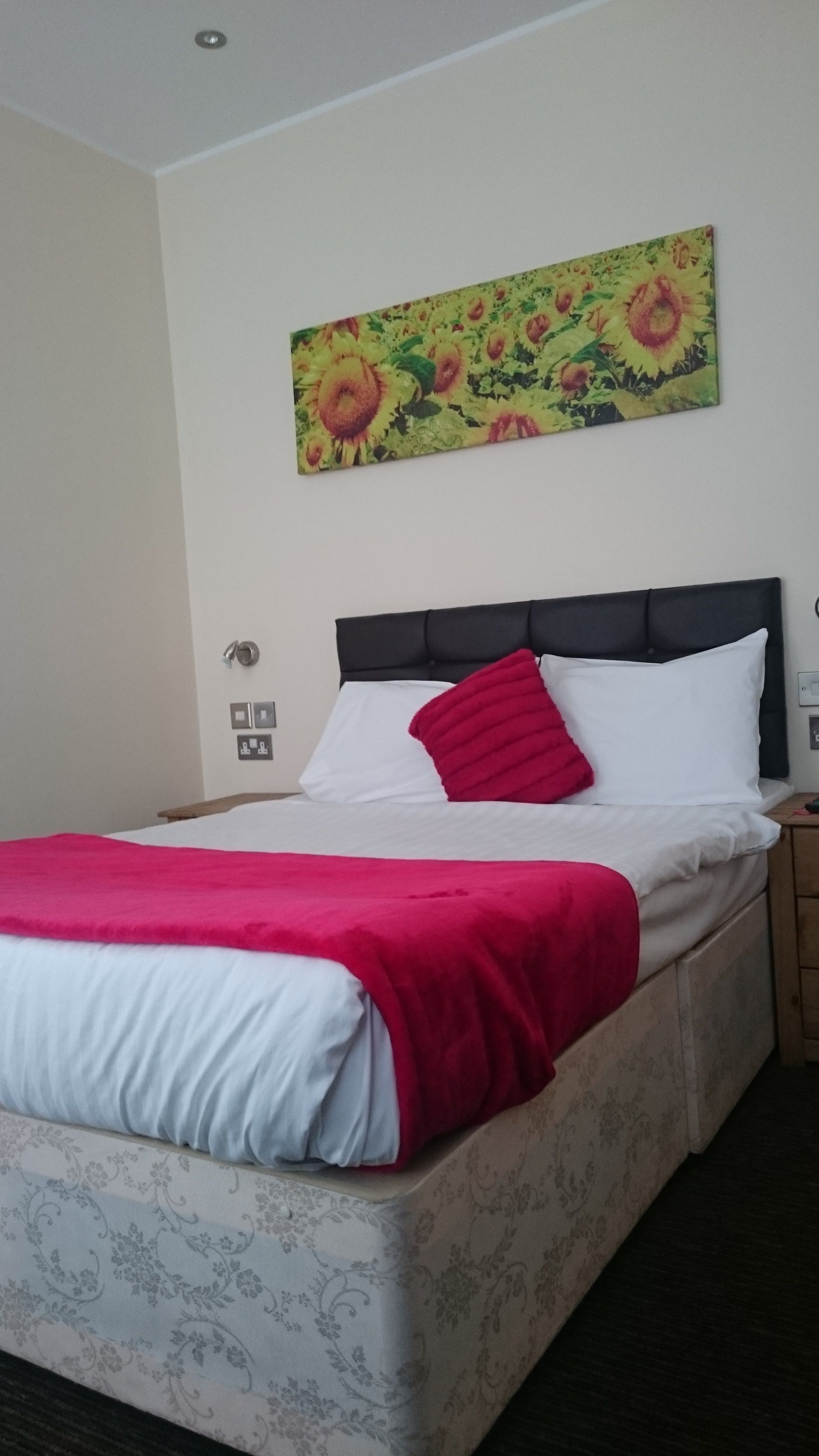Een hotelkamer met een bed, een rood-witte spreidek, een zwart hoofdeinde, een bloemrijk schilderij aan de muur en een nachtkastje met een lamp.