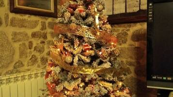 A decorated Christmas tree in a room with stone walls, a framed picture on the wall, and a television.