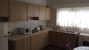 Fridge, microwave, electric kettle, cookware/dishes/utensils