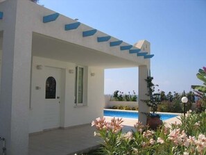 A white building with a covered porch, a pool, and pink flowers in the foreground.