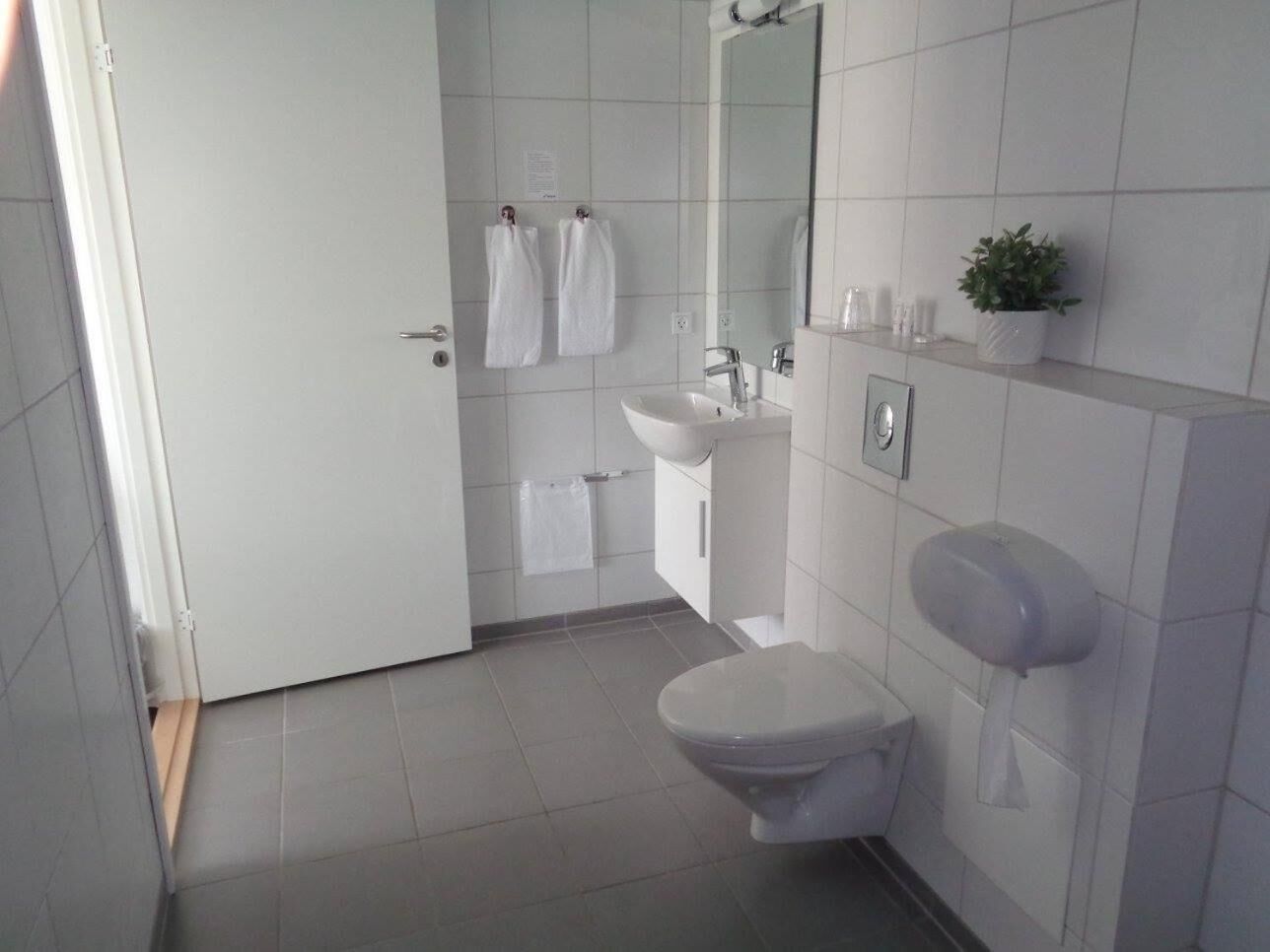 Une salle de bain moderne avec des toilettes, un lavabo et un miroir. Des serviettes blanches sont accrochées au mur et une petite plante en pot est posée sur le comptoir.