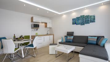 Apartment 5, Balcony | Wohnzimmer | Flachbildfernseher, BĂŒcher, FuĂbodenheizung