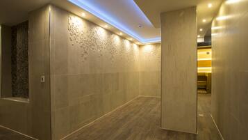 Experience a sleek and functional hallway with a decorative pattern and wood-like finish.