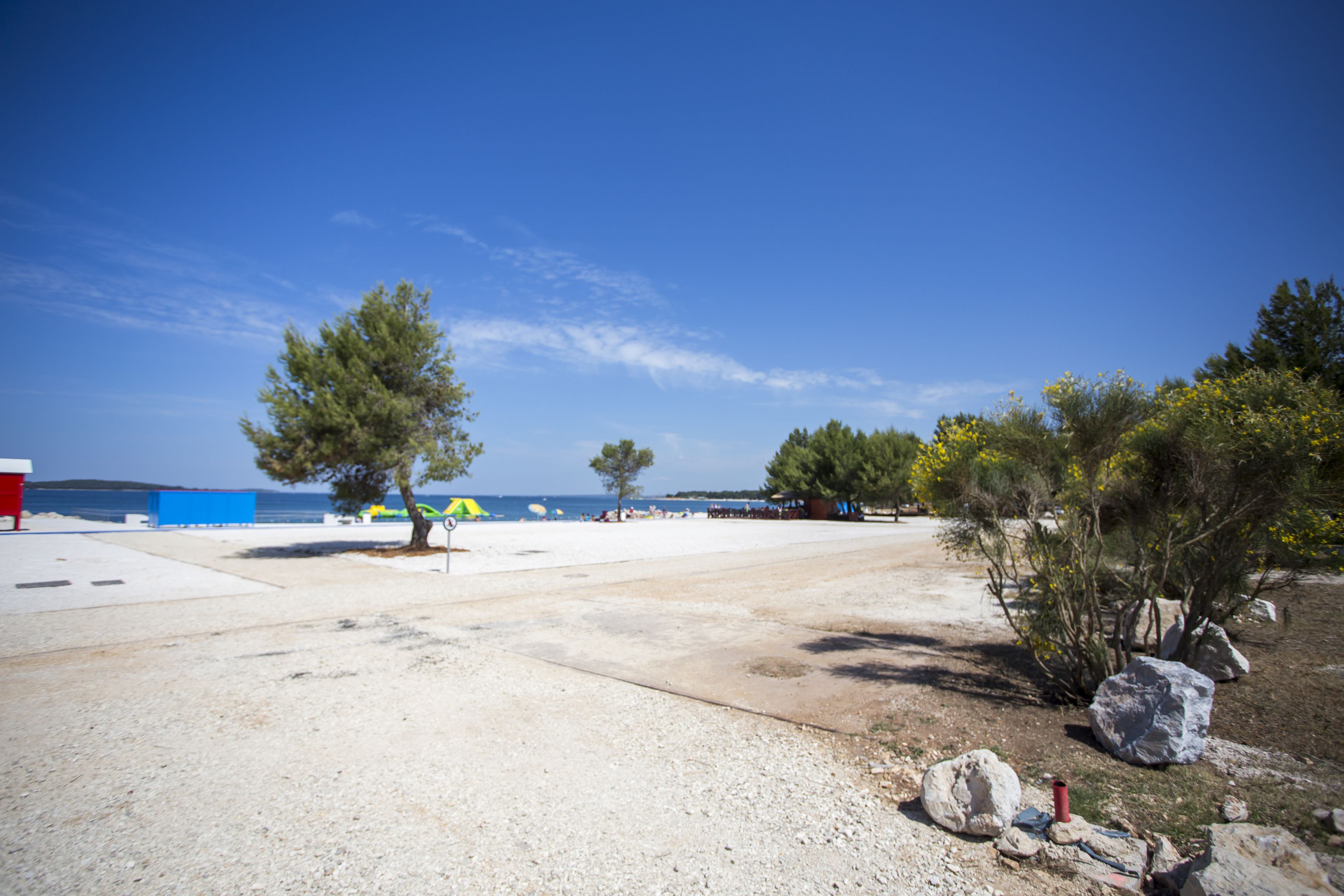 Zona de playa con cielo despejado, árboles y terreno rocoso.