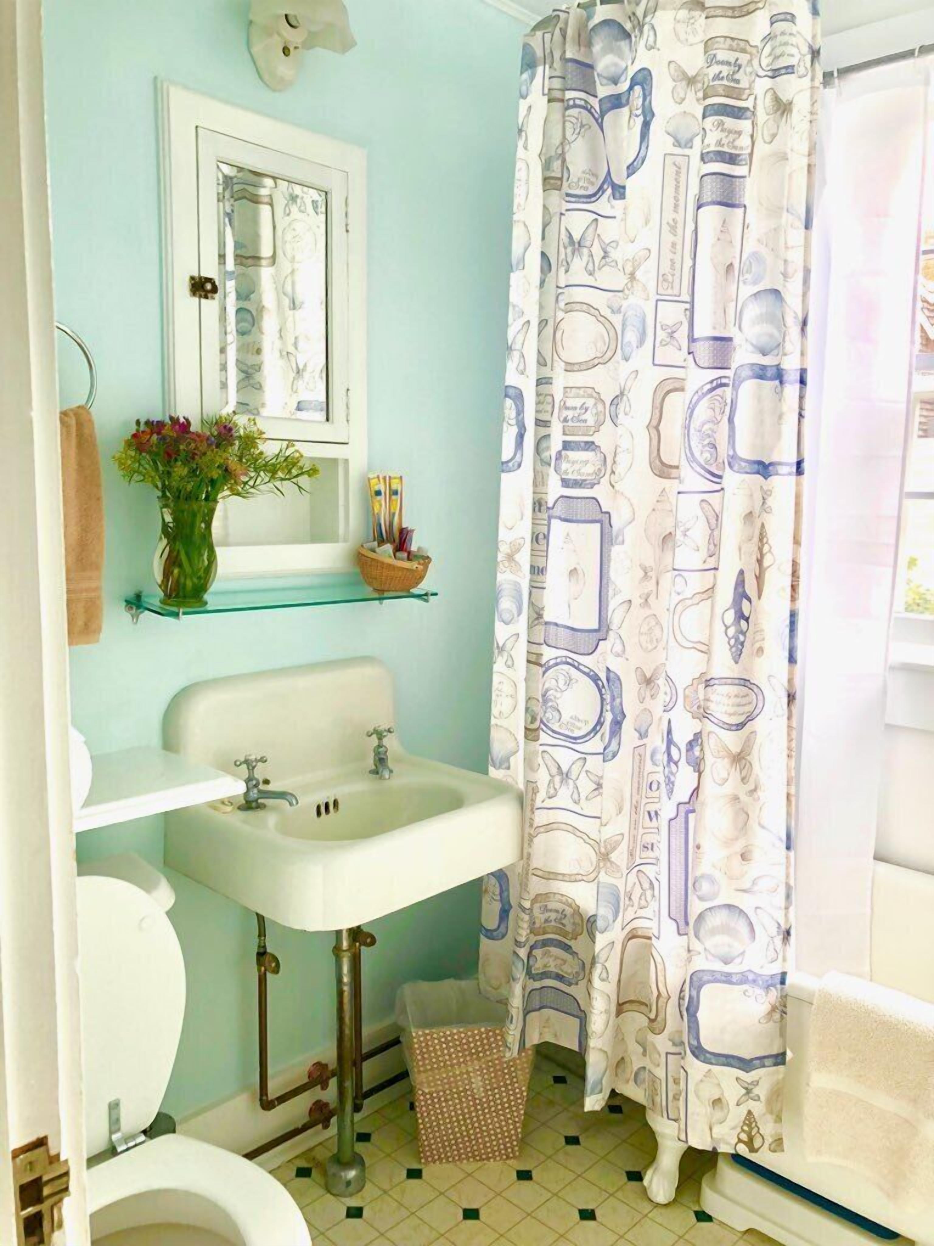 A bathroom with a white sink, a mirror, a toilet, and a shower curtain with a nautical pattern.