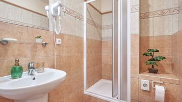 A bathroom with a shower, sink, and a small potted plant.
